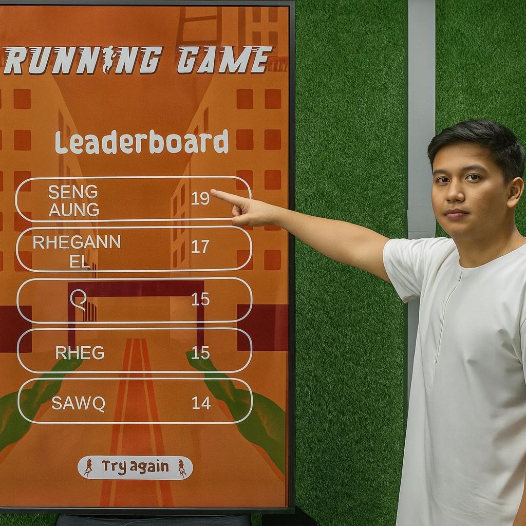 Player enjoying a motion runner game in Dubai, using full-body movement to jump and dodge obstacles. Interactive game rental